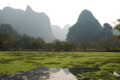 Scenic view of green landscape and mountains against clear sky