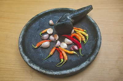 High angle view of food in plate on table