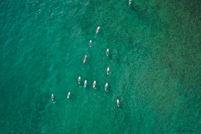 High angle view of people swimming in sea