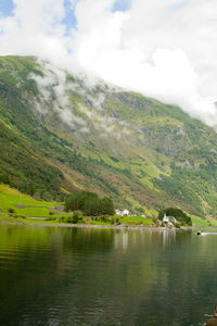 Scenic view of lake and mountains against sky