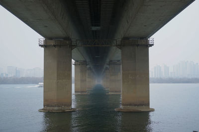 Bridge over river against sky in city