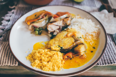 Close-up of food served on table