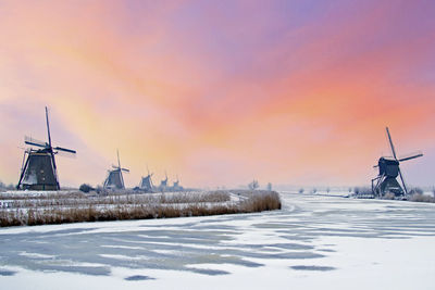 Famous windmills at kinderdijk in the netherlands in winter