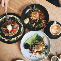 High angle view of food served on table