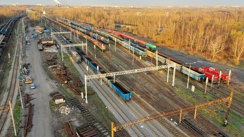 High angle view of train at railroad tracks