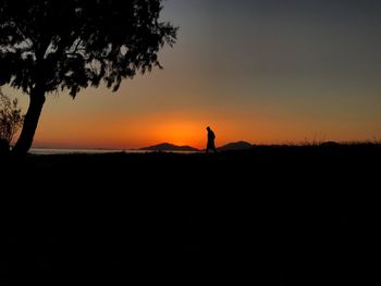 Silhouette of trees on landscape against orange sky