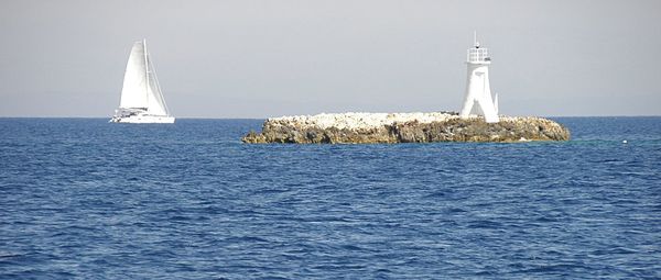 Sailboat sailing on sea against clear sky