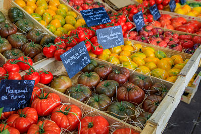 High angle view of vegetables for sale at market stall