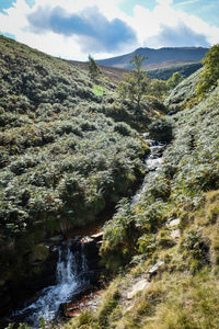 High angle view of trees and mountains against sky