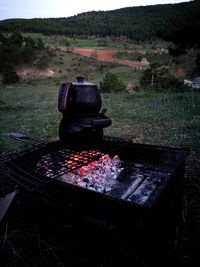 High angle view of meat on barbecue grill