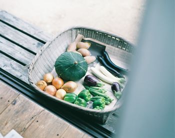 High angle view of fruits in container on table