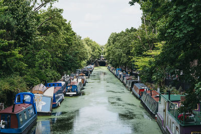 Panoramic shot of canal amidst trees against sky