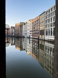 Buildings by canal against sky in city