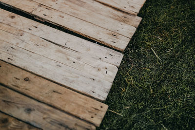 High angle view of wooden planks on floor