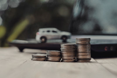 Close-up of coin on table