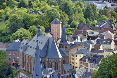 High angle view of buildings in town