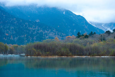 Scenic view of lake and mountains against sky