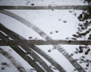 High angle view of snow covered field