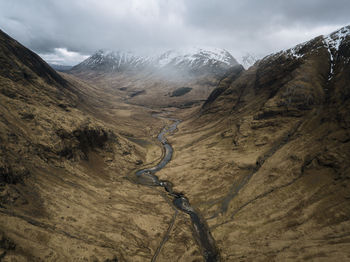 High angle view of snowcapped mountains against sky