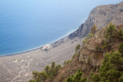 High angle view of beach and mountains