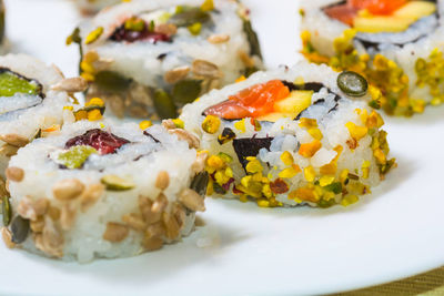 Close-up of sushi served in plate