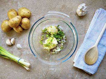High angle view of food on table
