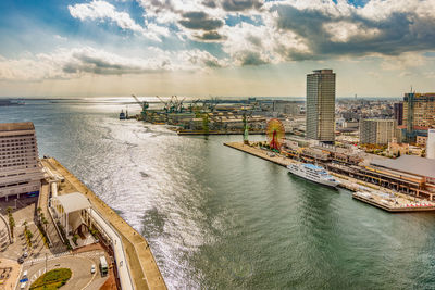 High angle view of city at waterfront