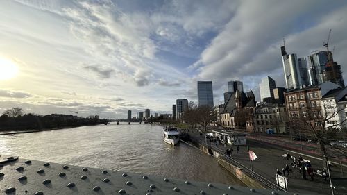 High angle view of city at sunset
