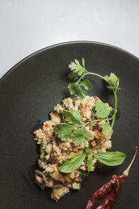 High angle view of food served in plate on table