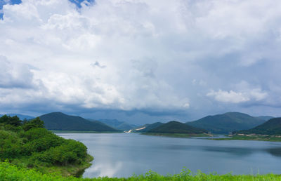 Scenic view of lake and mountains against sky