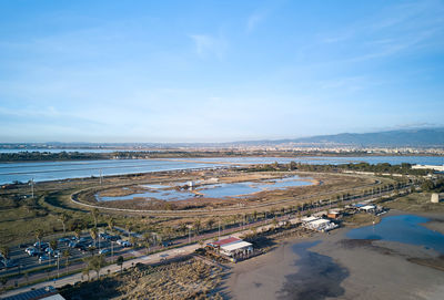 High angle view of beach against blue sky