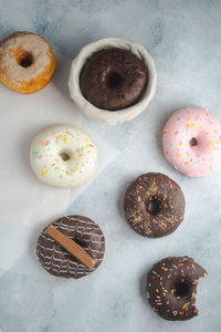 High angle view of donuts on table