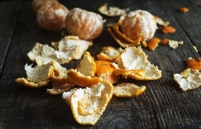 Close-up of orange peels on table