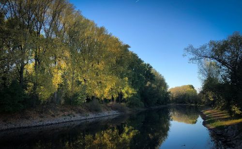 Scenic view of lake in forest against sky during autumn