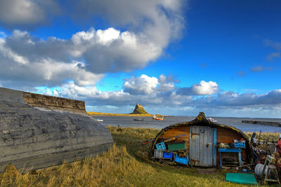 Panoramic view of temple against blue sky