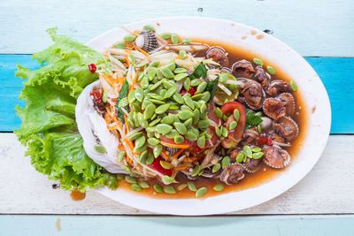 High angle view of salad in bowl on table