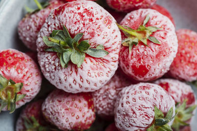 High angle view of strawberries on table