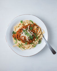 High angle view of food served on table