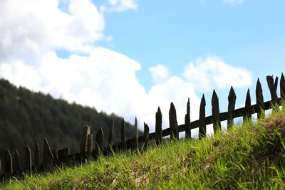 Fence on field against sky