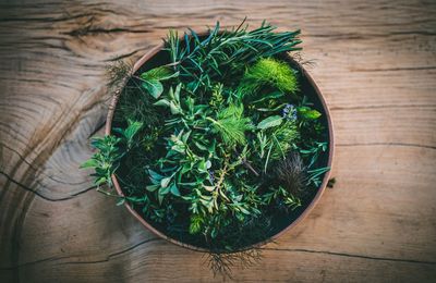 High angle view of herbs in bowl