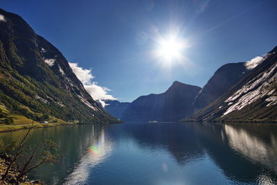 Scenic view of lake and mountains against sky