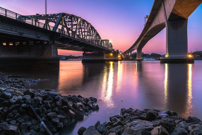 Bridge over river at sunset