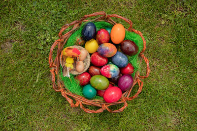 High angle view of eggs in basket