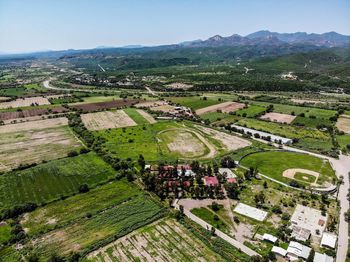 High angle view of agricultural field against sky