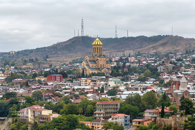 High angle view of townscape and buildings in city