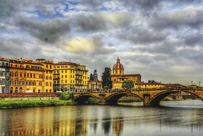 Bridge over river in city against sky