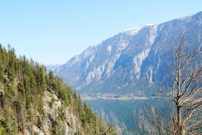 Scenic view of lake and mountains against clear sky