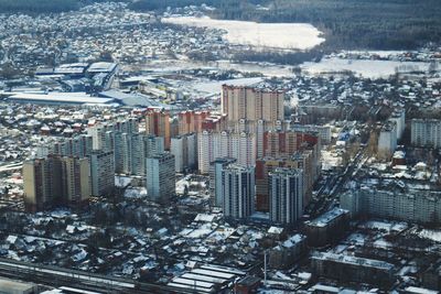 High angle view of modern buildings in city