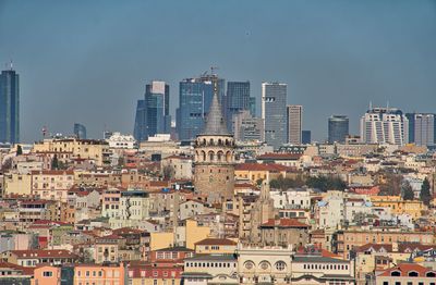 Aerial view of buildings in city against sky