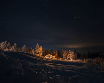 Illuminated cabin amidst trees against sky at night